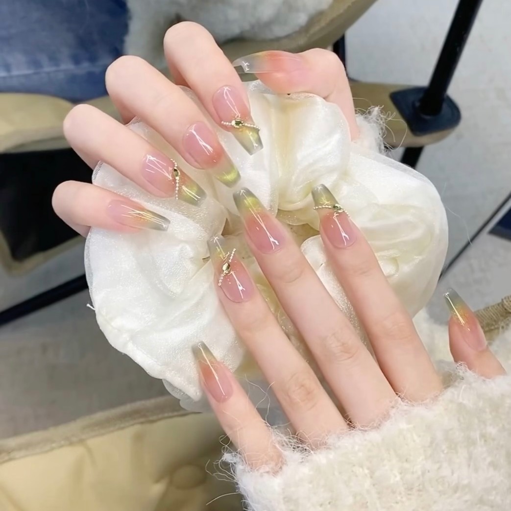 【绿精灵】秋冬款纯手工穿戴甲梯形法式猫眼中长款清新时尚简约美甲