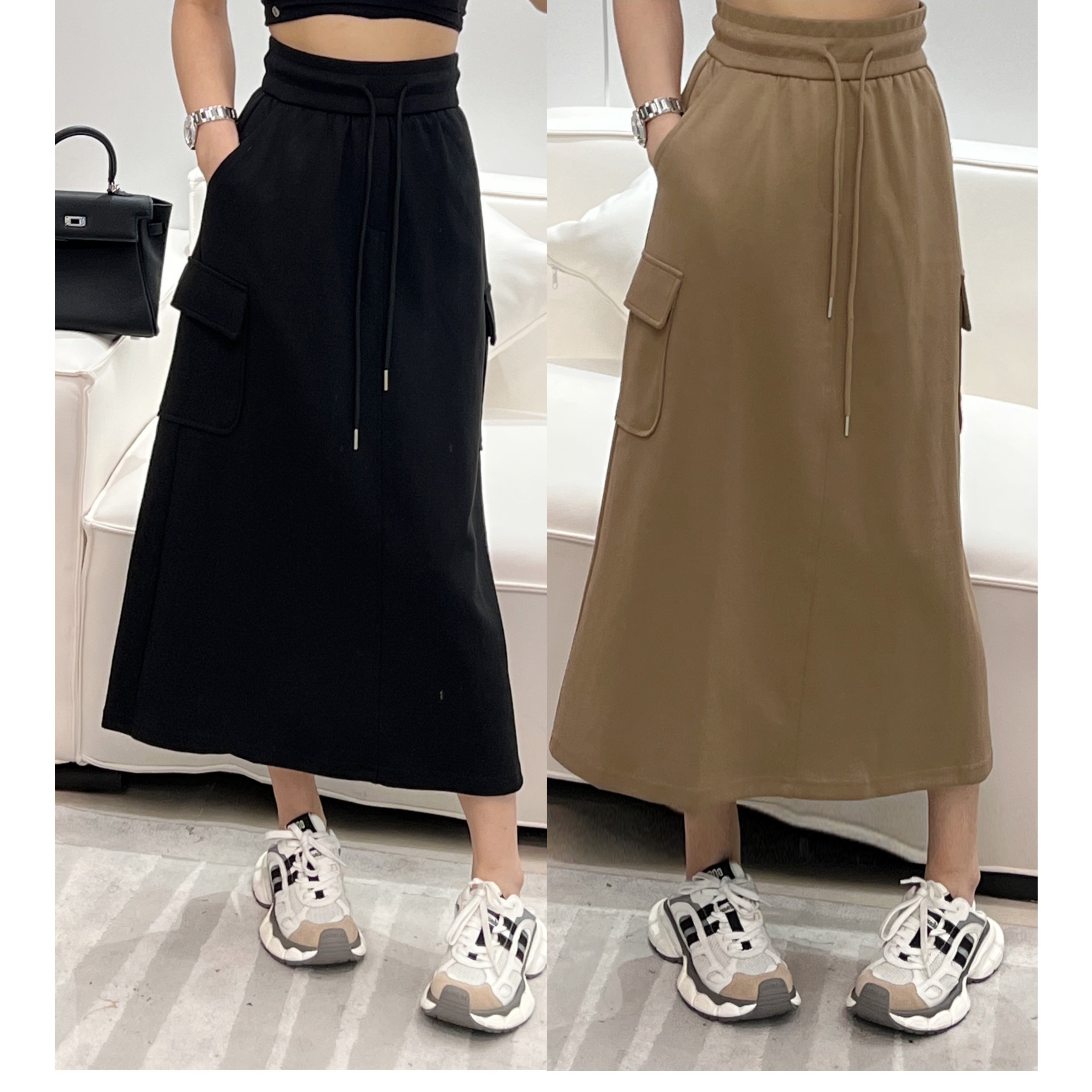 玖黛衣【瘦到超标】新款显瘦拉绳百搭中长工装半身裙QZP20597