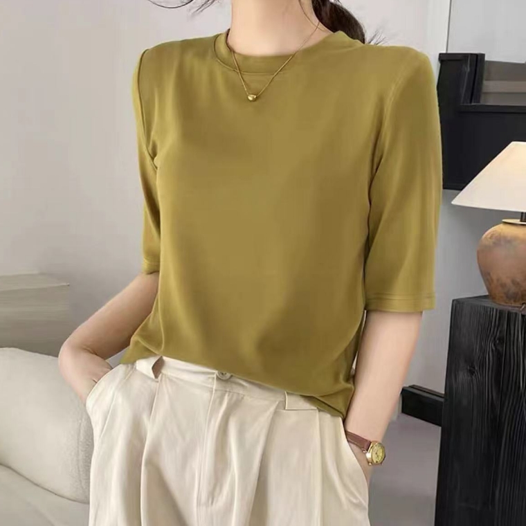 2023新款秋季inS风百搭修身圆领纯色设计感五分袖上衣li