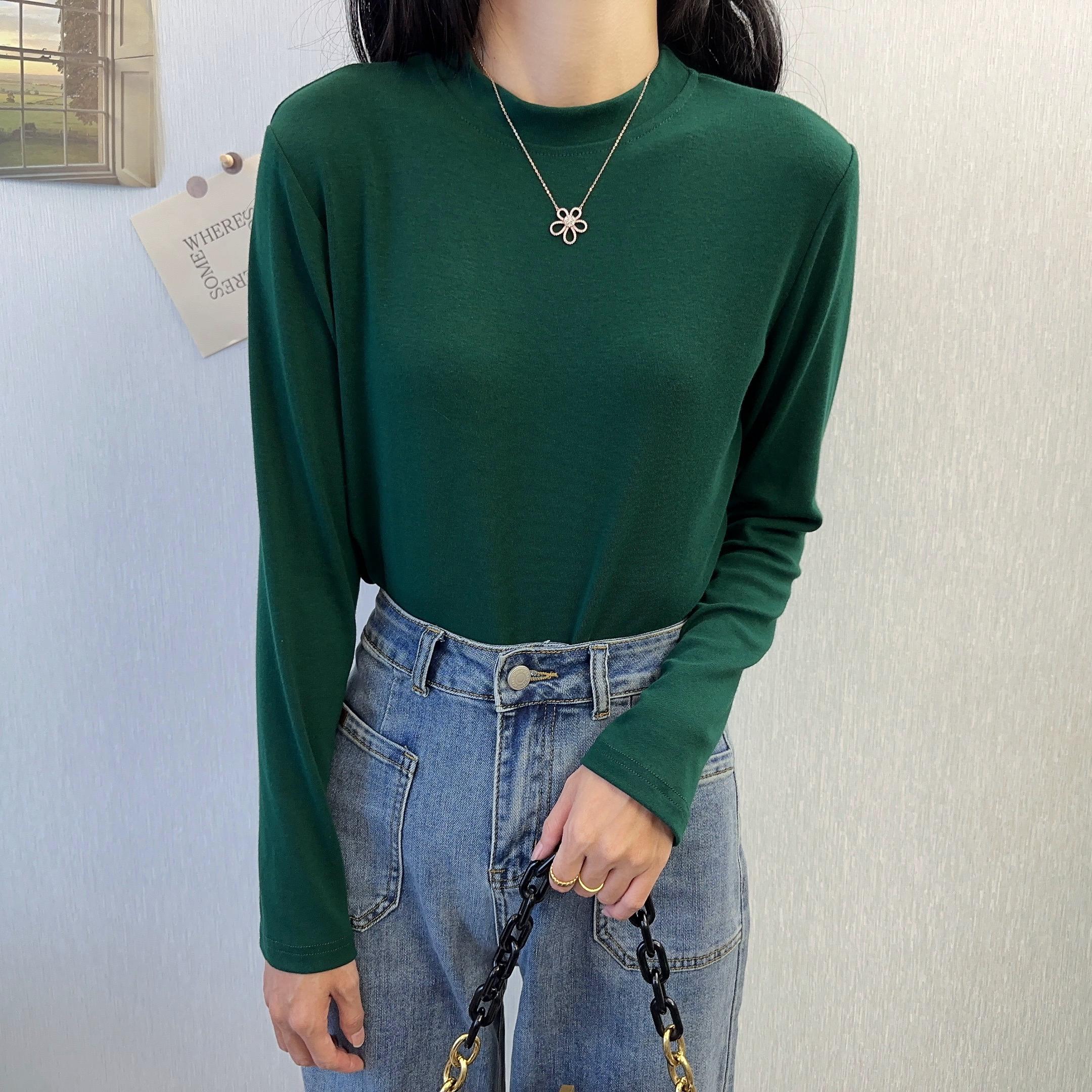 高品质春秋季细螺纹小圆领款长袖t恤女修身显瘦百搭打底衫