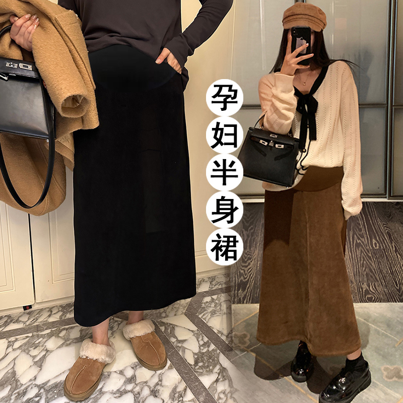 【加厚有口袋】【中长款】复古欧棉绒孕妇半身裙秋冬新款开叉直筒长裙