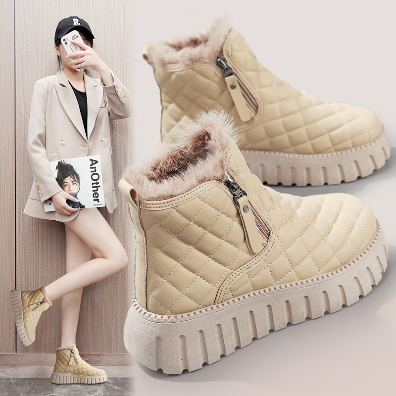 雪地靴女冬加绒面包鞋2023新款方糕底增高雪地棉皮面防水保暖短靴