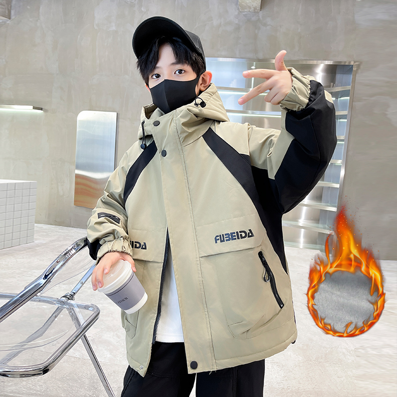 男童秋冬季加绒加厚外套大童2023新款15岁男孩派克服潮洋派棉衣