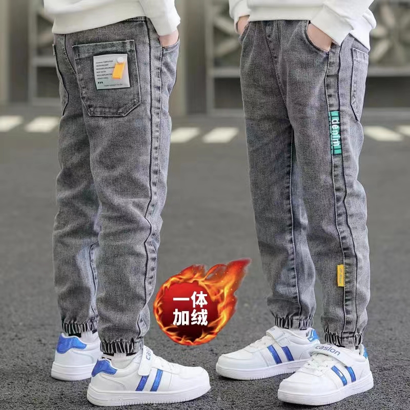 童装男童2023弹力牛仔裤秋冬一体绒儿童休闲中大童宽松韩版洋气潮