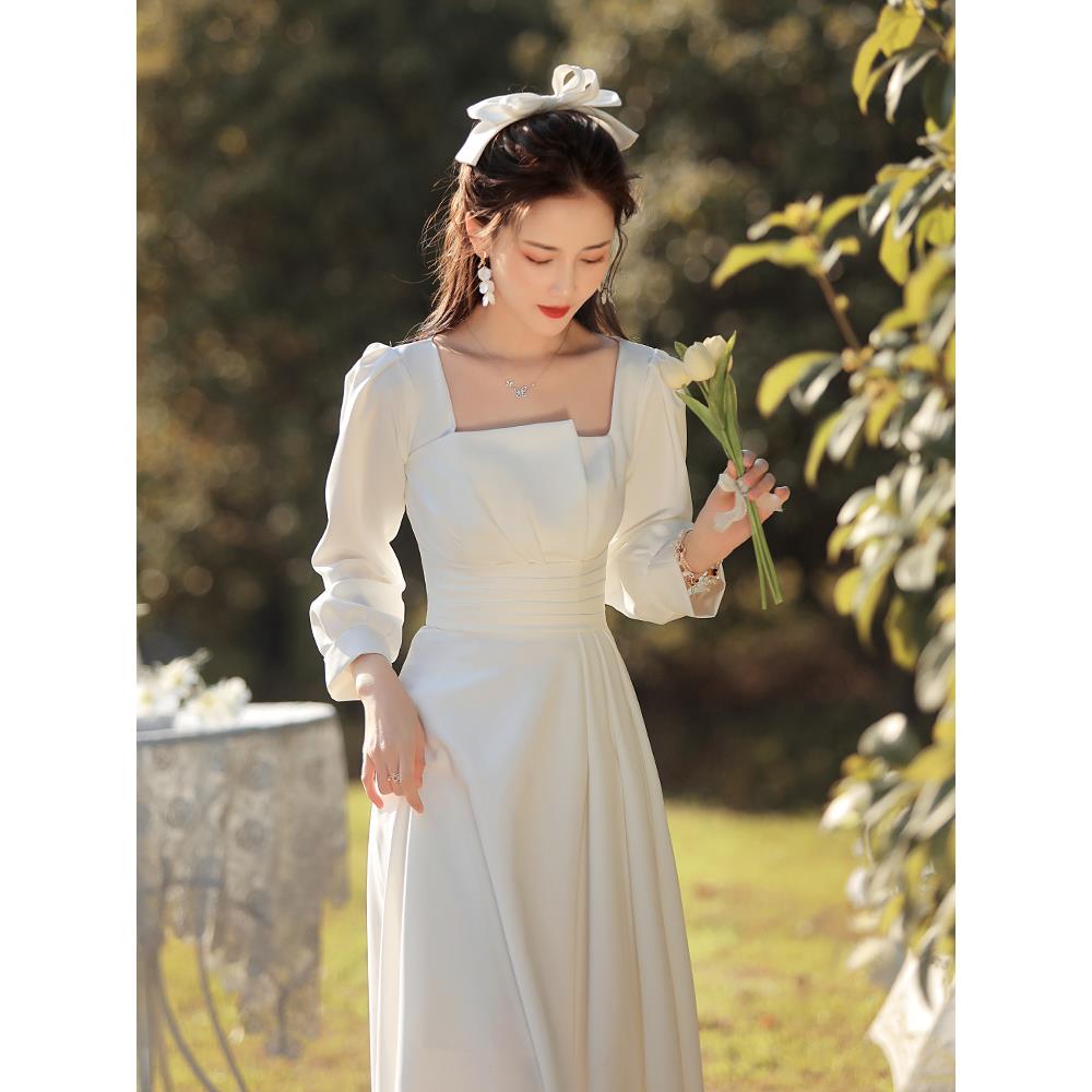 领证登记法式小白裙秋冬轻婚纱裙子礼服伴娘服订婚连衣裙高级轻奢