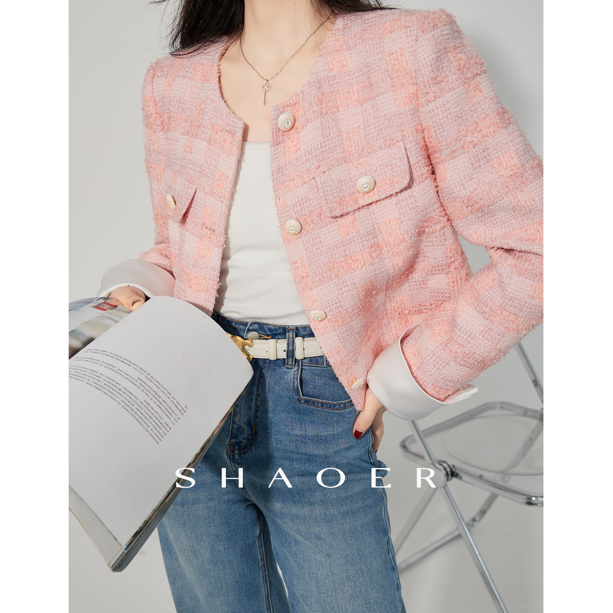 SHAOE清仓专场【晨露朝霞】气质名媛小香风女秋季粉上衣S2023080310