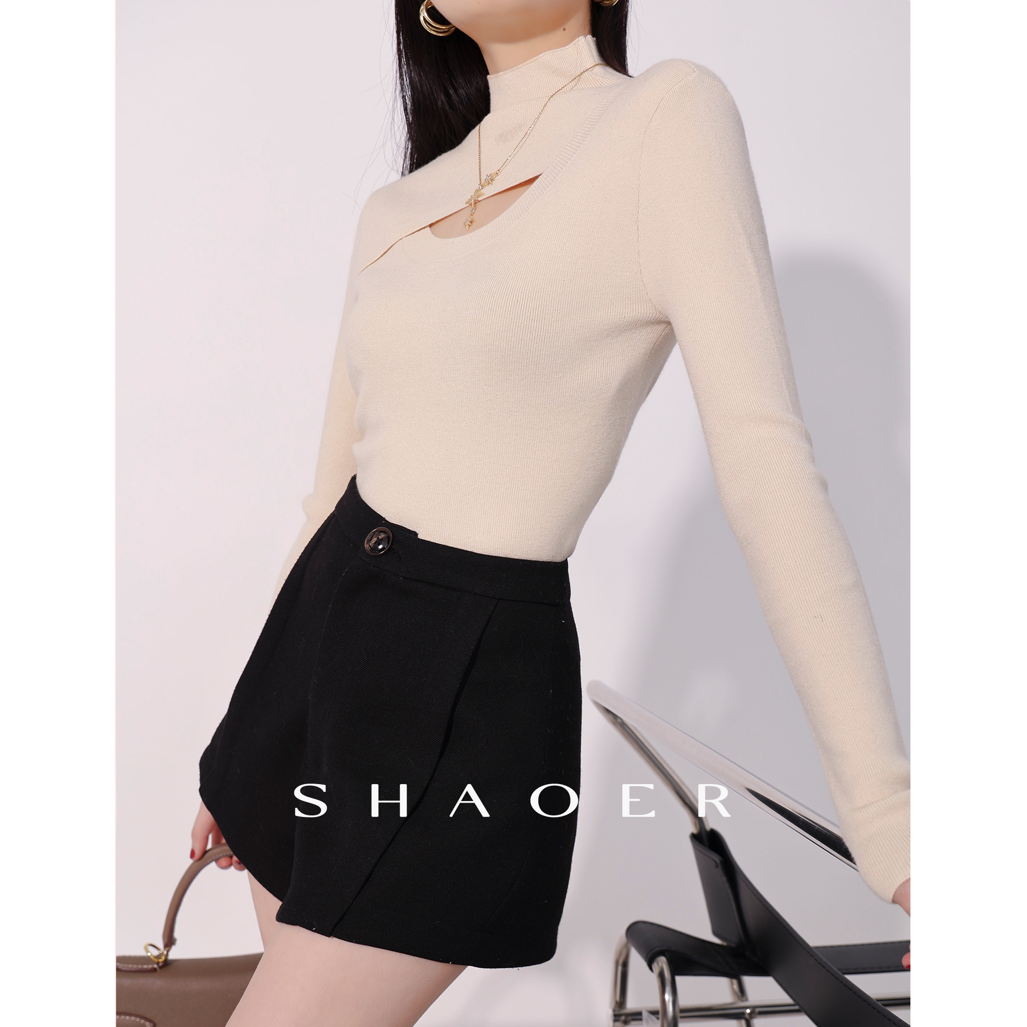 SHAOE清仓专场【一心】米白色针织衫女秋百搭打底衫上衣S2023082301