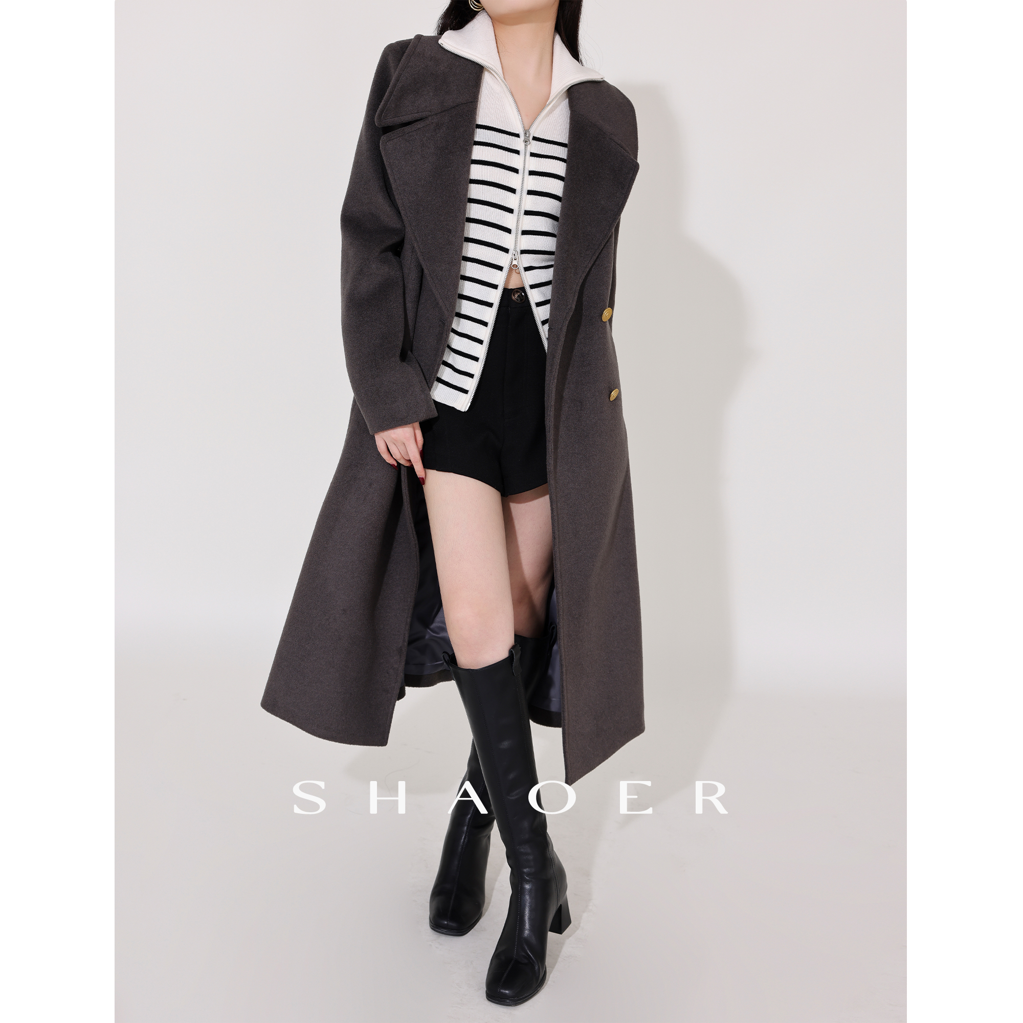 SHAOE清仓专场【罗勒清雾】气质毛秋冬单排扣中长款大衣S2023080301
