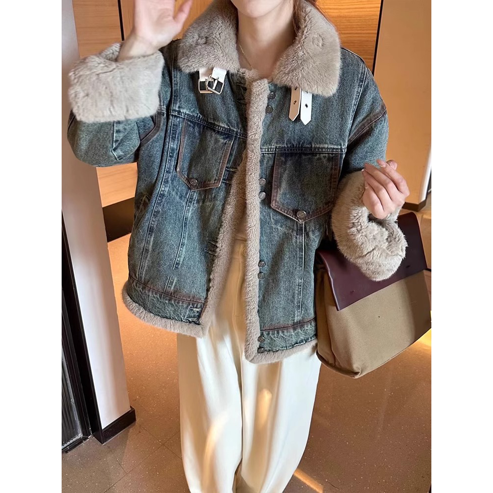 复古加绒牛仔外套女欧洲站2023年冬季新款宽松显瘦保暖水貂毛上衣