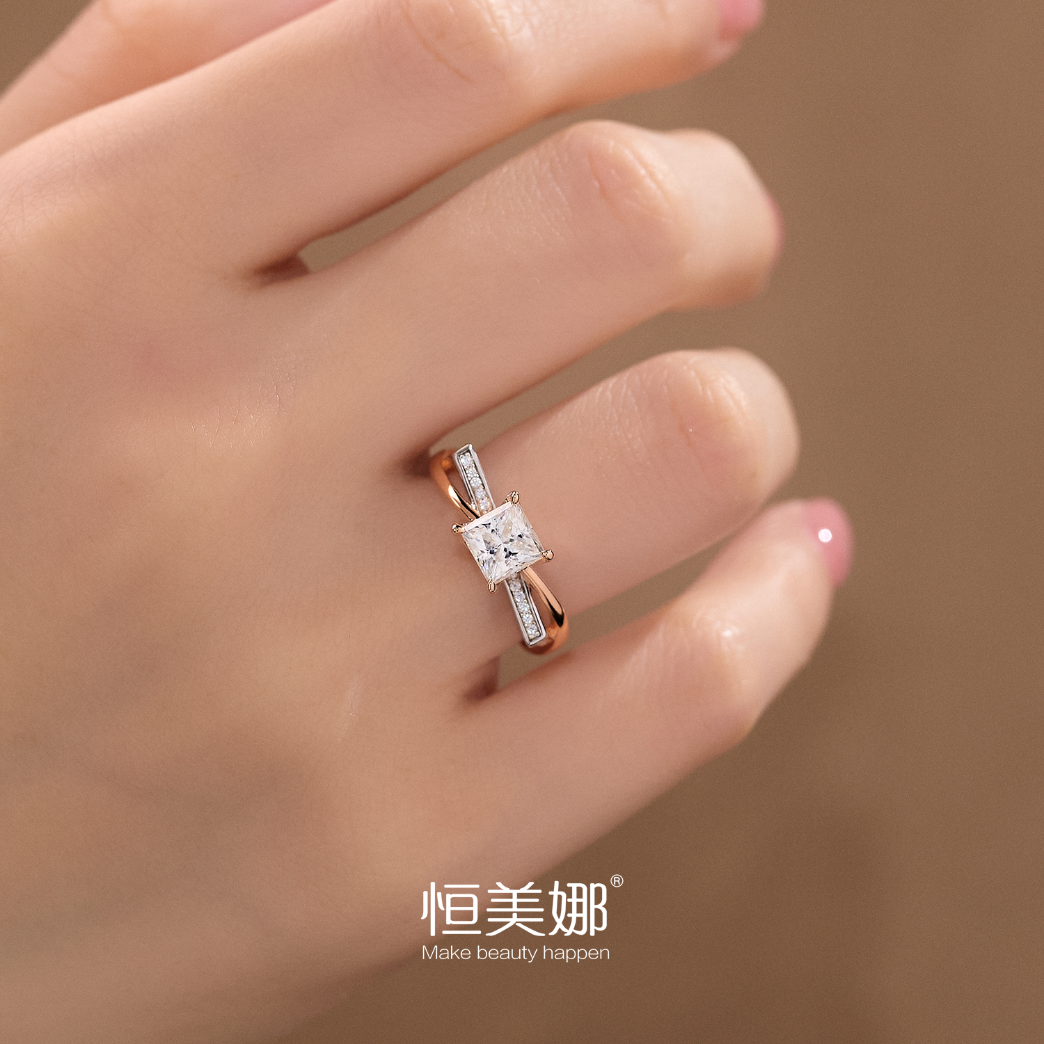 恒美娜 925银莫桑石戒指 [方圆百里]异型钻经典钻戒镶钻女款银戒