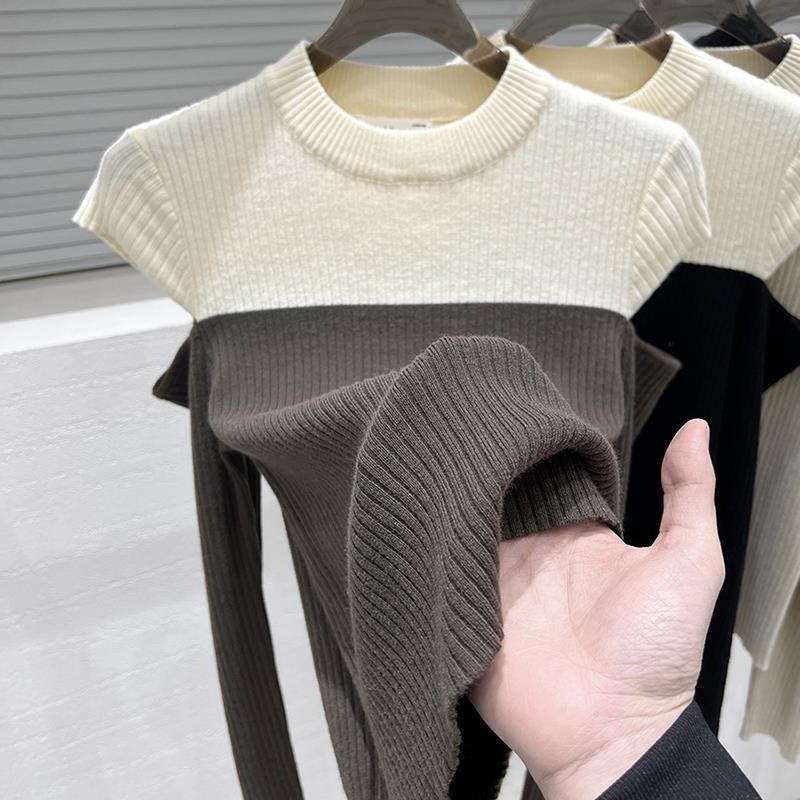 法式撞色露肩圆领针织衫女秋季镂空设计感小众上衣内搭毛衣打底衫