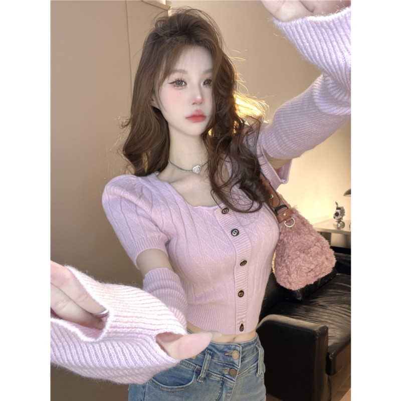 甜美减龄麻花泡泡袖毛衣女配袖套内搭打底针织衫修身显瘦短款上衣