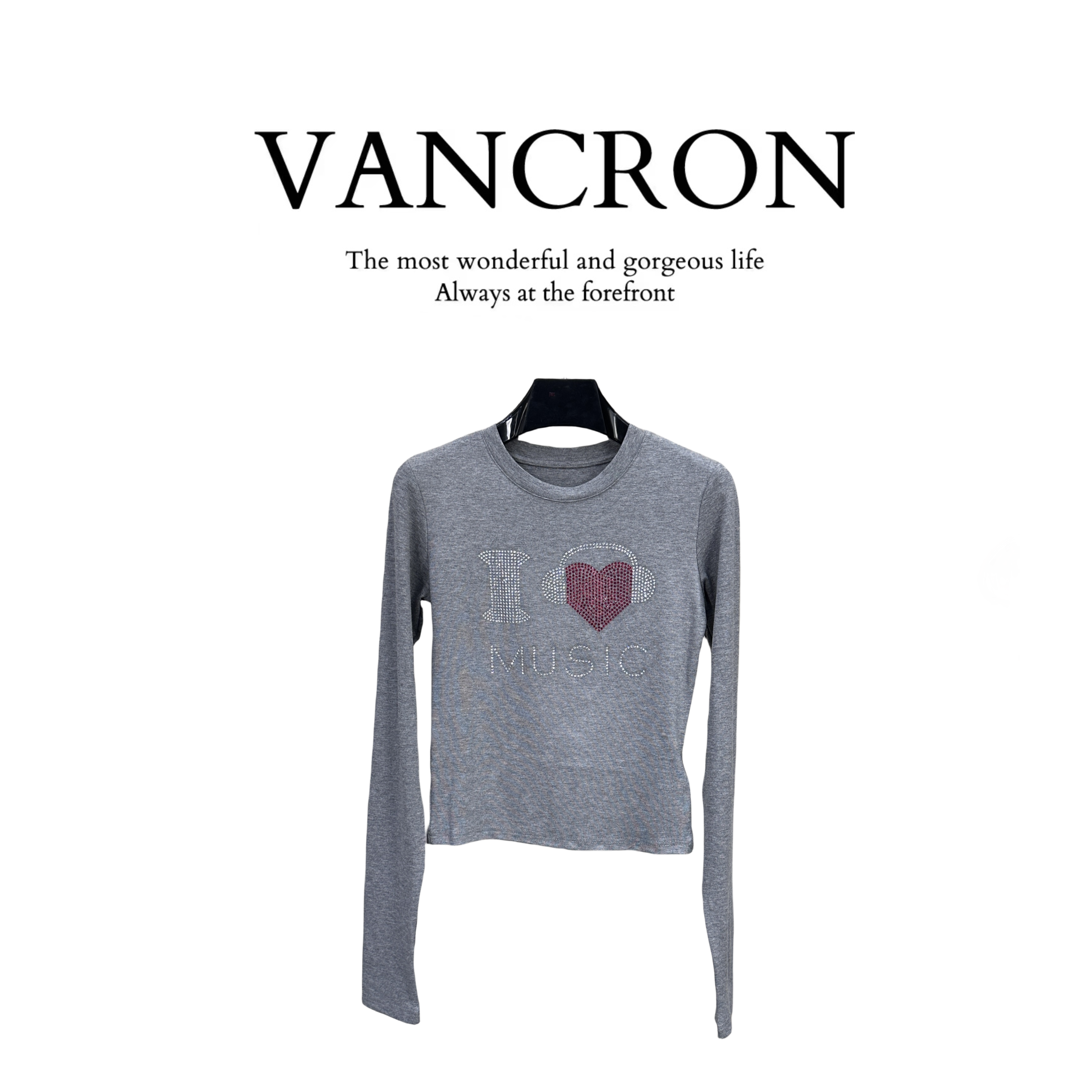 Van Cron/梵克龙烫钻桃心百搭修身短款长袖T恤套头灰色时尚秋冬