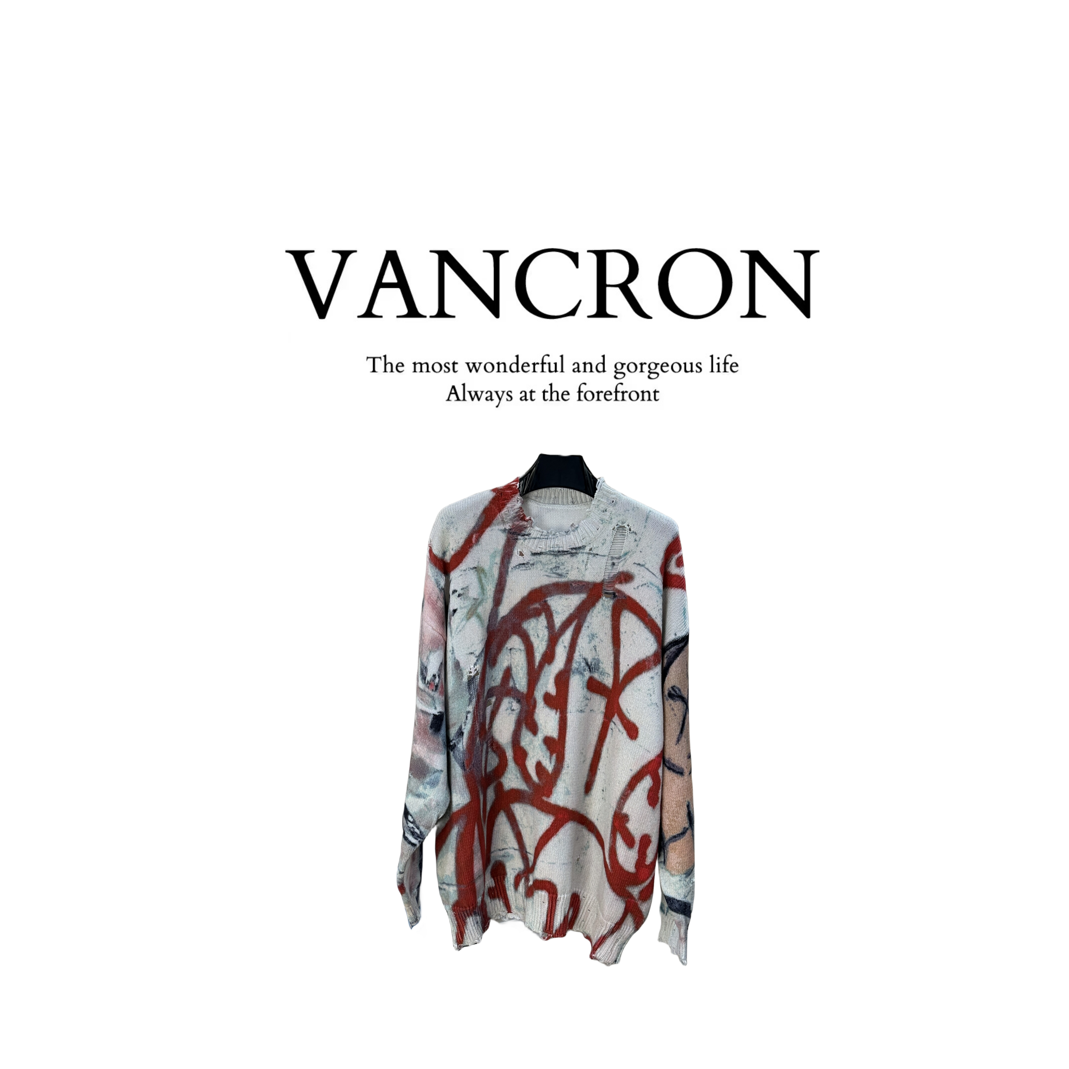 Van Cron/梵克龙涂鸦毛衣长袖气质网红轻奢时尚百搭宽松设计师新