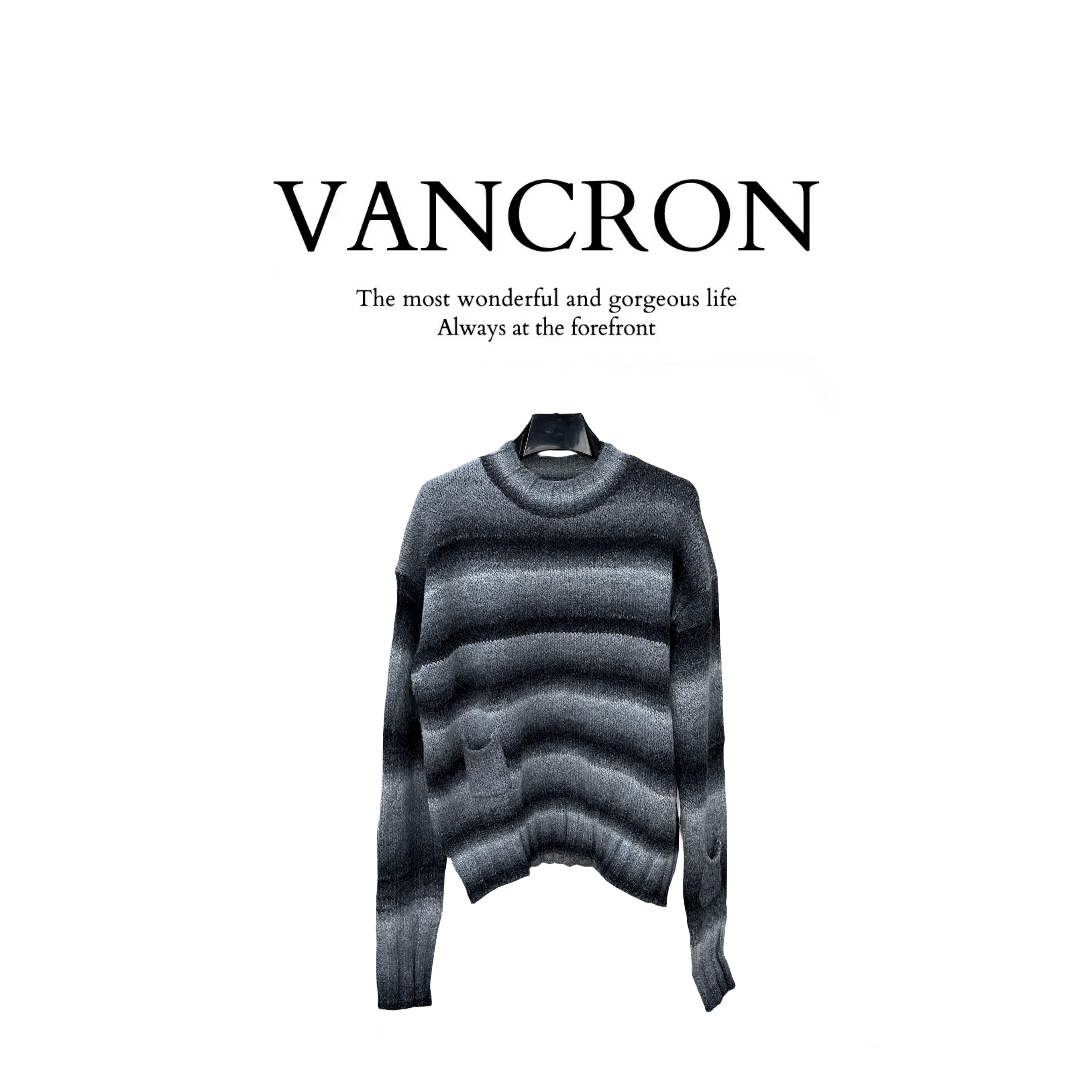 Van Cron/梵克龙条纹毛衣针织灰色圆领秋冬套头百搭休闲时尚冬季m