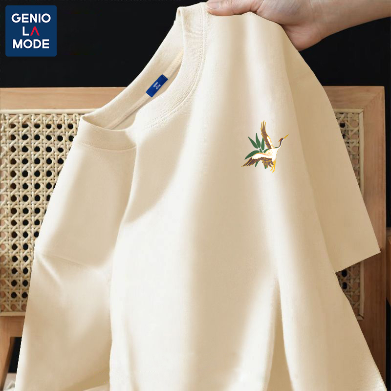 GENIOLAMODE新中式t恤夏季男女款纯棉短袖国风仙鹤百搭情侣装