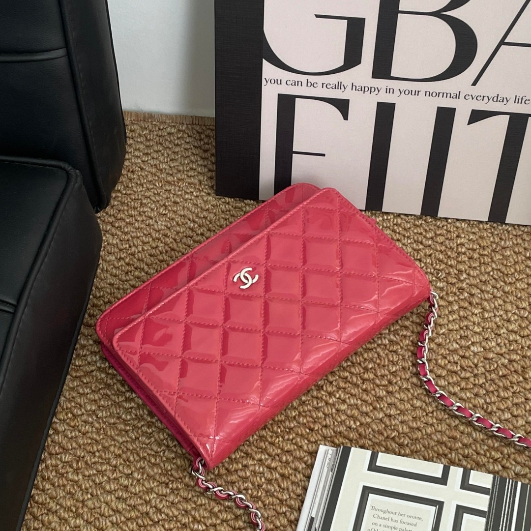 95新 Chanel/香奈儿 0718 玫粉漆皮woc斜挎包14小香风