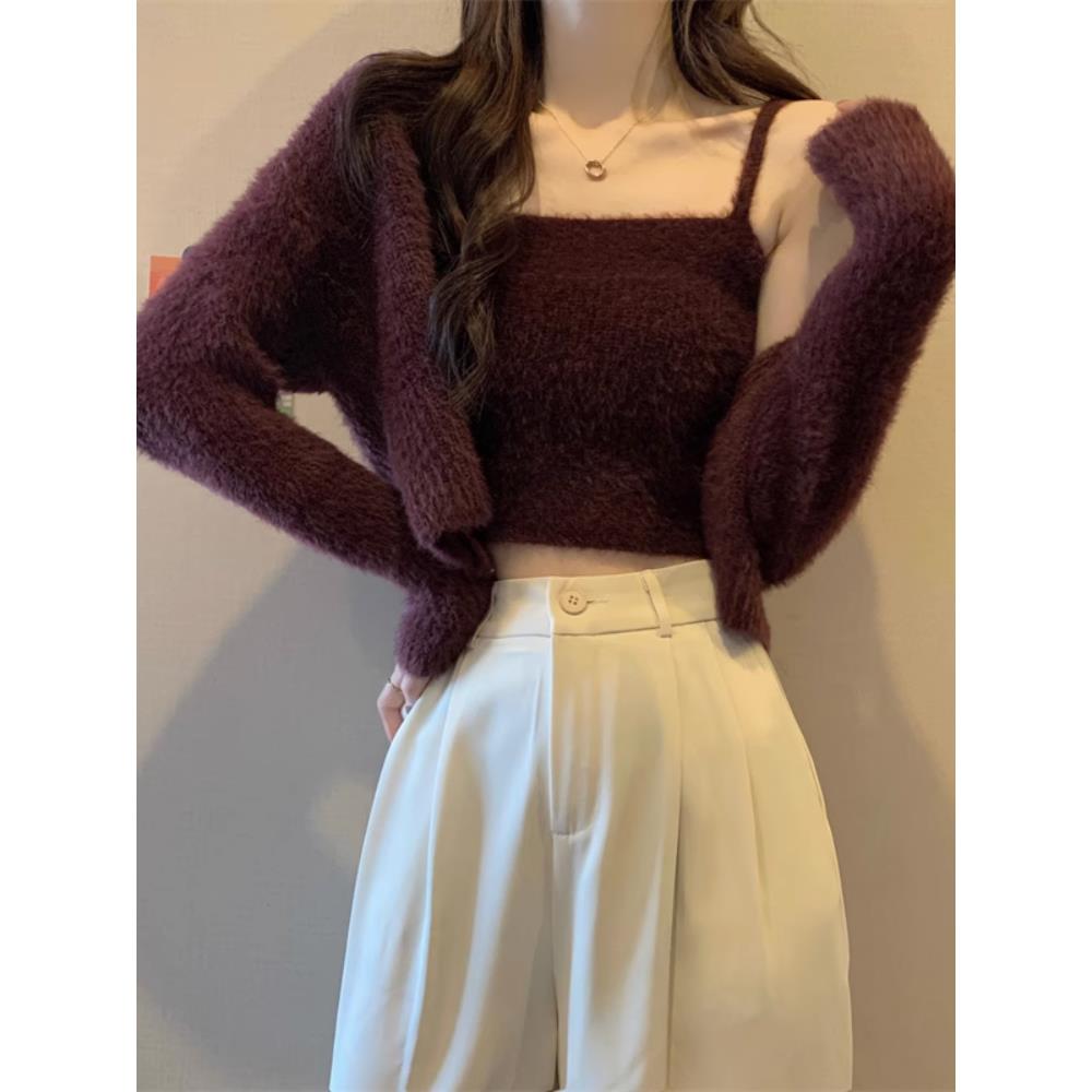 紫色水貂绒针织开衫女秋冬短款打底衫毛衣外套别致上衣吊带两件套