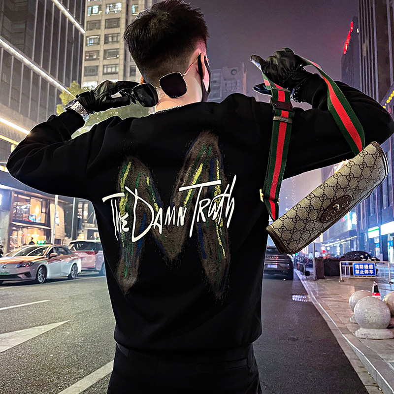 美式涂鸦印花卫衣男春秋季潮牌痞帅高级感男装上衣男士圆领套头衫