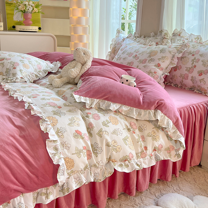 AB单面绒四件套冬季牛奶珊瑚绒床单公主风双面加绒被套三件套床裙