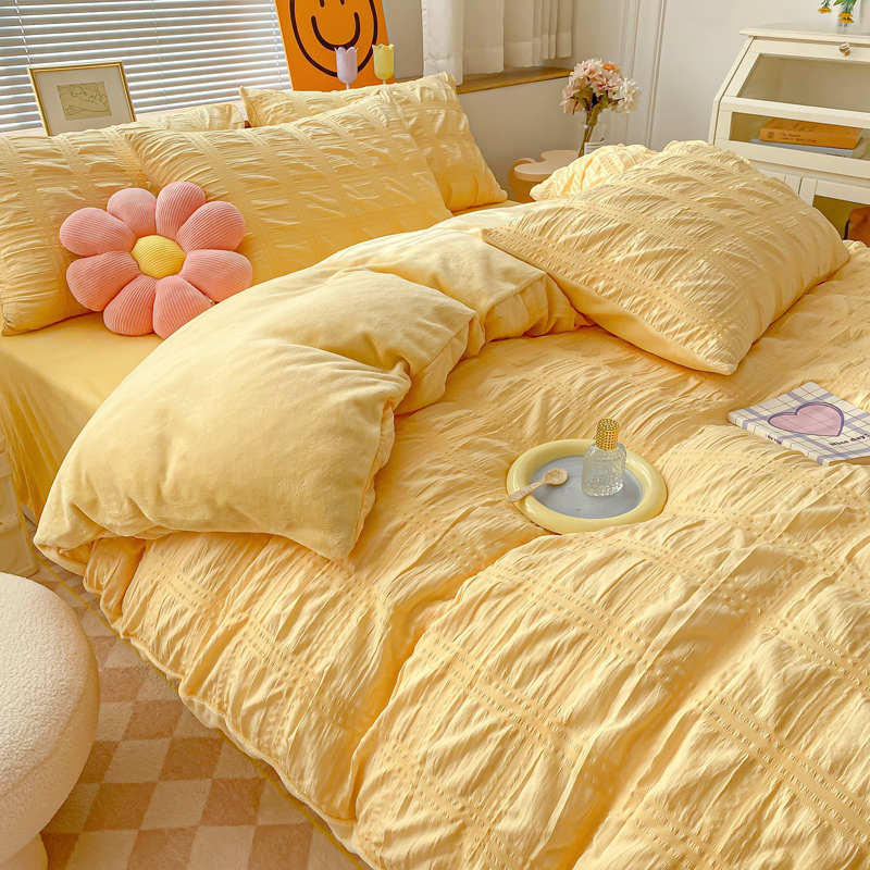 单面绒被套单件磨毛泡泡纱纯黄色AB面加绒牛奶绒被罩学生宿舍单人