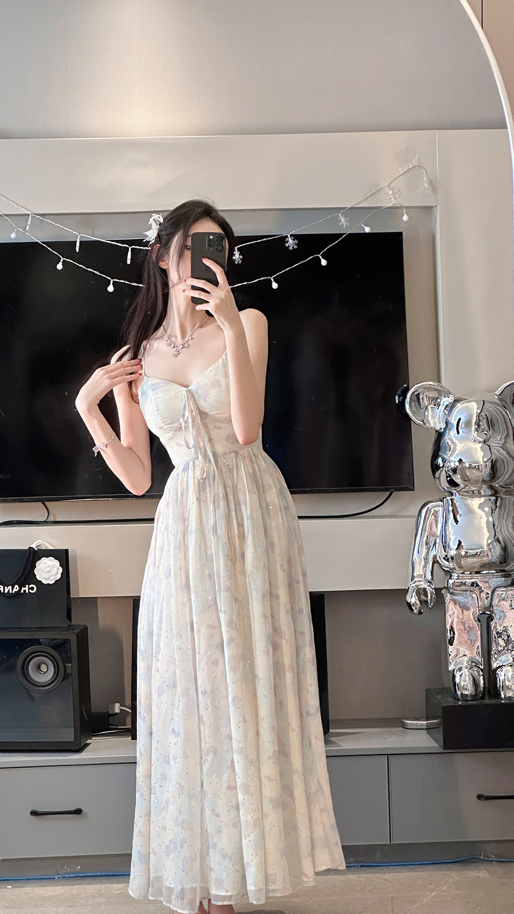 【雅乔定制】苍兰 烫金印花吊带连衣裙DYJF-23043271