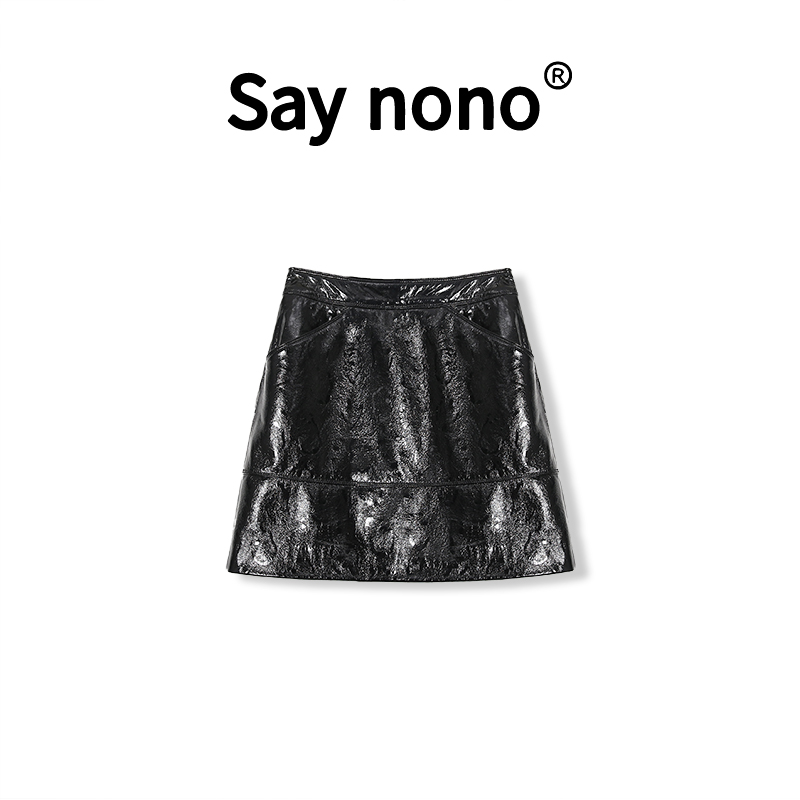【懒猫nono】Say nono★黑色a字半身裙真皮包臀短裙女XH/LMD230122
