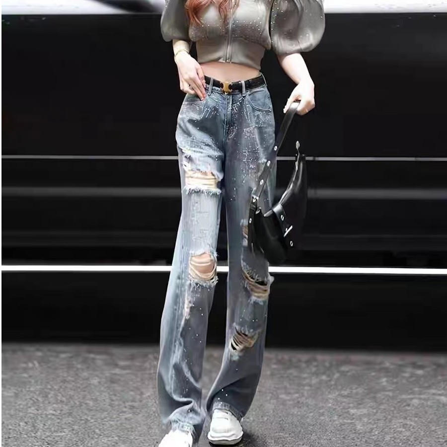 重工烫钻阔腿裤休闲乞丐裤高腰小个子破洞牛仔裤女2023年夏季新款
