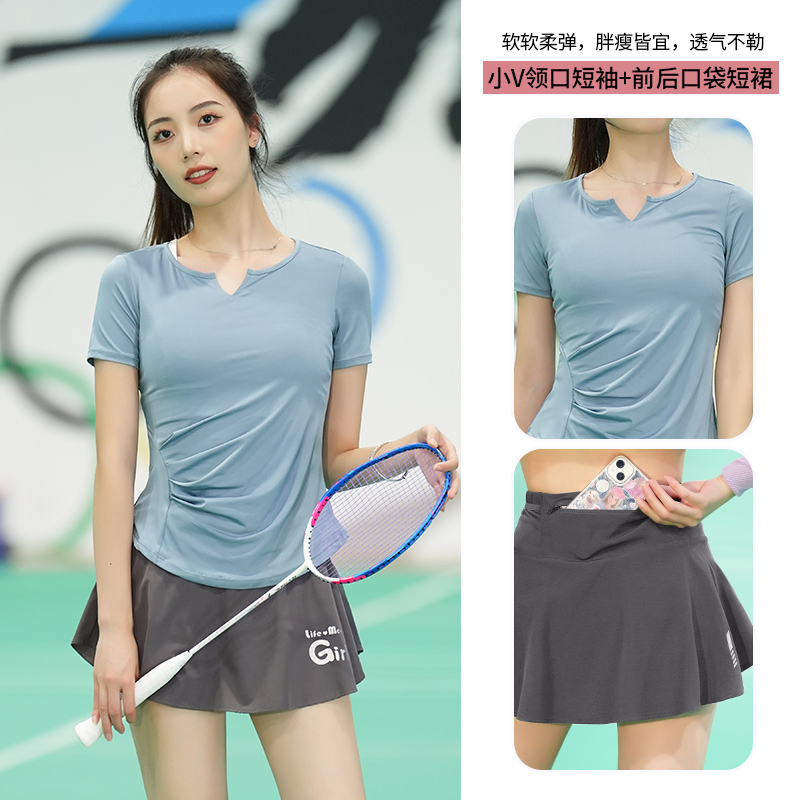 羽毛球运动服套装女夏季薄款显瘦健身服高颜值室内网球服t恤裤裙