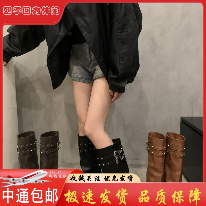 四季回力休闲欧美风西部牛仔靴女新款套筒双扣带高筒骑士靴复古粗
