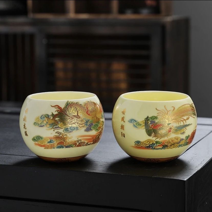 建盏功夫茶茶盏泡茶茶杯龙凤呈祥龙蛋主人杯(对杯)陶瓷茶具珐琅彩