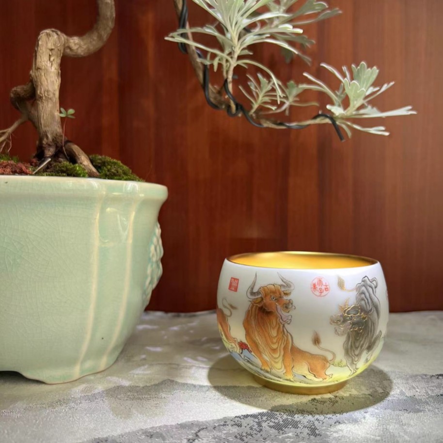 建盏功夫茶杯茶盏五牛图鎏金(带礼盒)主人杯茶盏陶瓷茶器喝茶杯