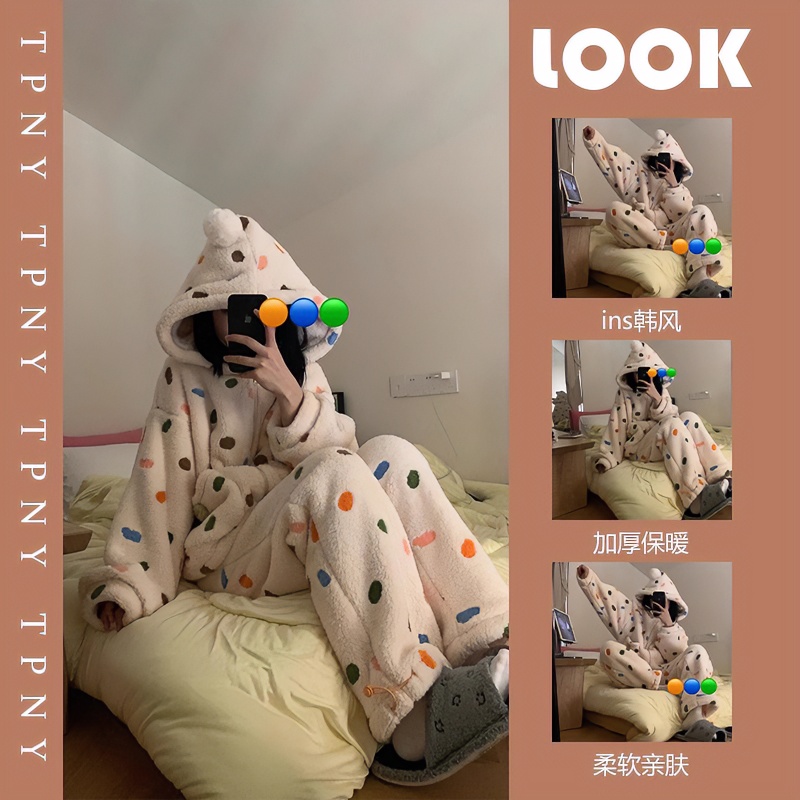 韩版波点印花珊瑚绒睡衣女冬新款揭阳睡衣女冬加厚加绒家居服套装