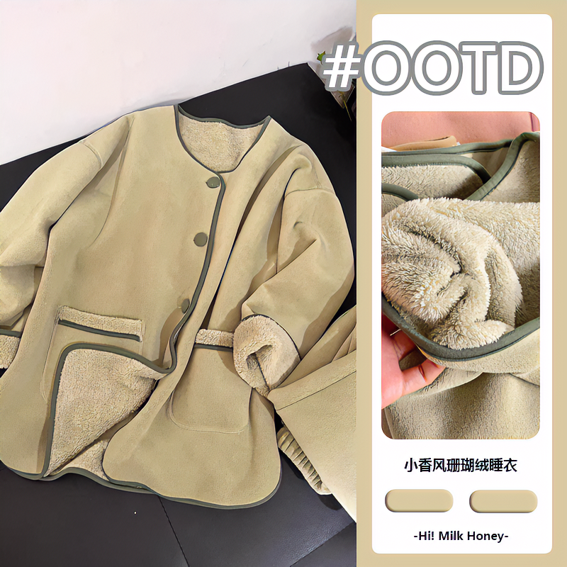 长裤法式感珊瑚绒秋冬冬季女加绒加厚亲肤毛绒家居服时尚大码套装