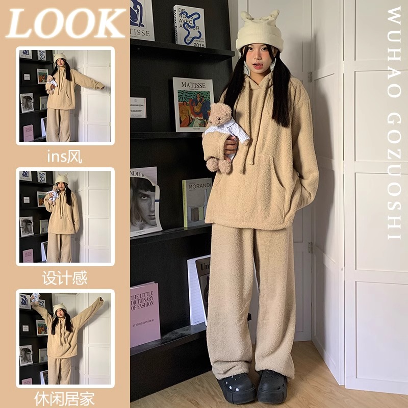 长裤毛绒纯色法兰绒居家睡衣女冬季春秋加绒2023新款家居服俩件套