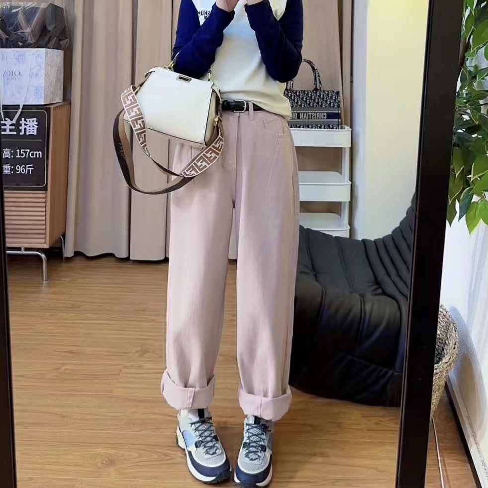 8276余小鱼 粉色韩系小清新时尚百搭直筒显瘦高腰牛仔裤女装