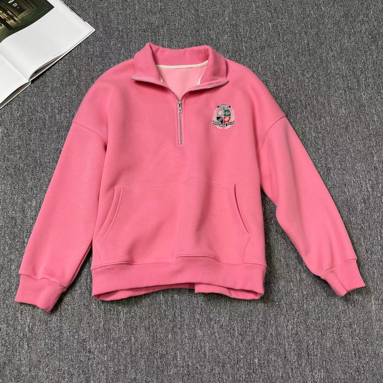 8070余小鱼 粉色学院风刺绣半拉链韩系休闲百搭加绒套头卫衣女装
