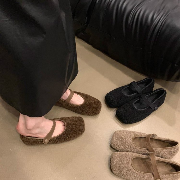 加绒单鞋女法式复古毛毛鞋秋冬季外穿简约时尚方头一脚蹬孕妇棉鞋