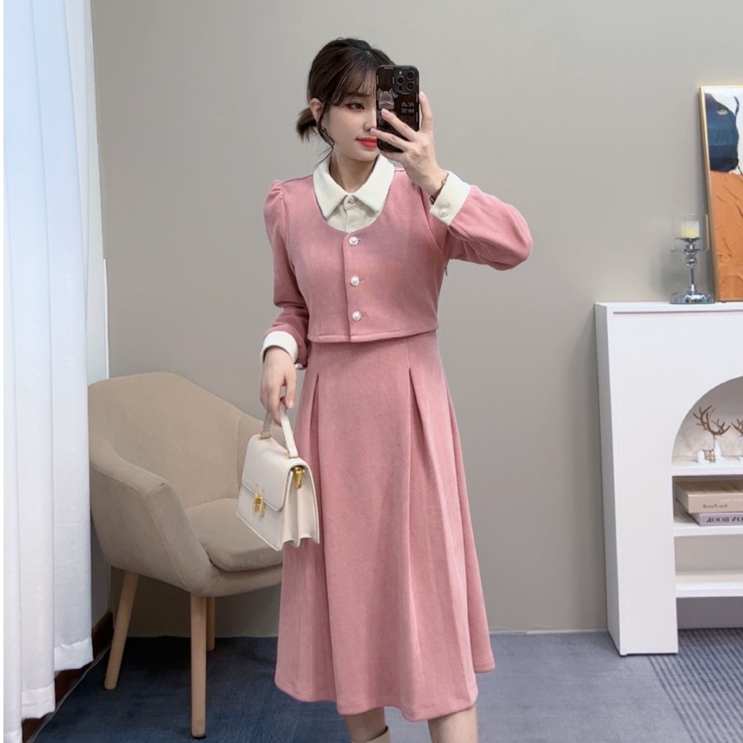 奈奈家61270【花满城】假两件连衣裙小个子改版定制20231014翻领