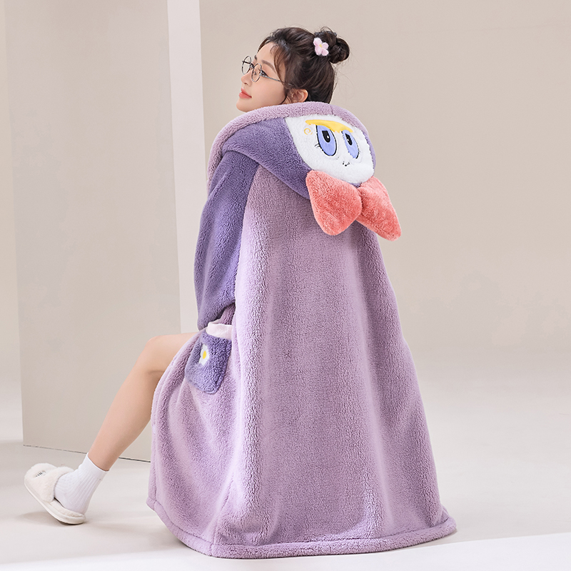 WNZ秋冬季可外穿睡衣女冬加绒加厚保暖长款连帽卡通家居服套装