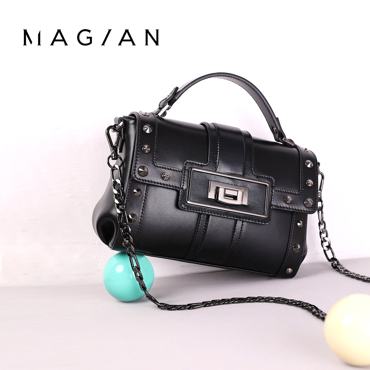 MAGIAN明治女包黑色百搭菱格时尚牛皮机车包手提斜跨女包MK0089