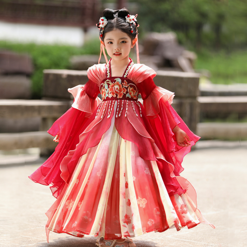 【赤霞流云】汉服女童夏装中国风儿童唐装女宝宝古风红色连衣裙古装
