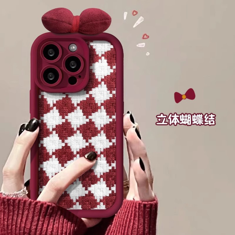 【膜】红色千鸟格苹果/15/15PRO手机壳iphone13绒布15小香风13pro