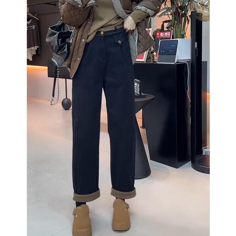 加绒加厚大码九分法棍牛仔裤女2024年秋冬新款小个子弹力直筒裤