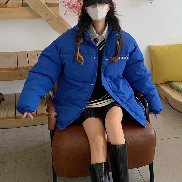 秋冬新品棋盘格印花棉服男女同款韩版宽松面包服情侣连帽短款棉衣