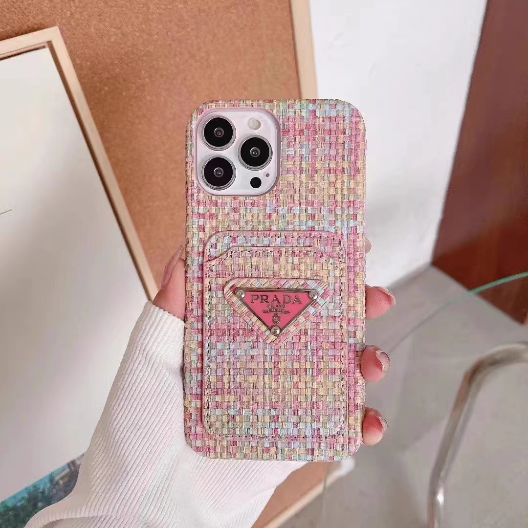 网红创意编织纹三角标卡包 彩粉适用苹果14promax手机壳iPhone13