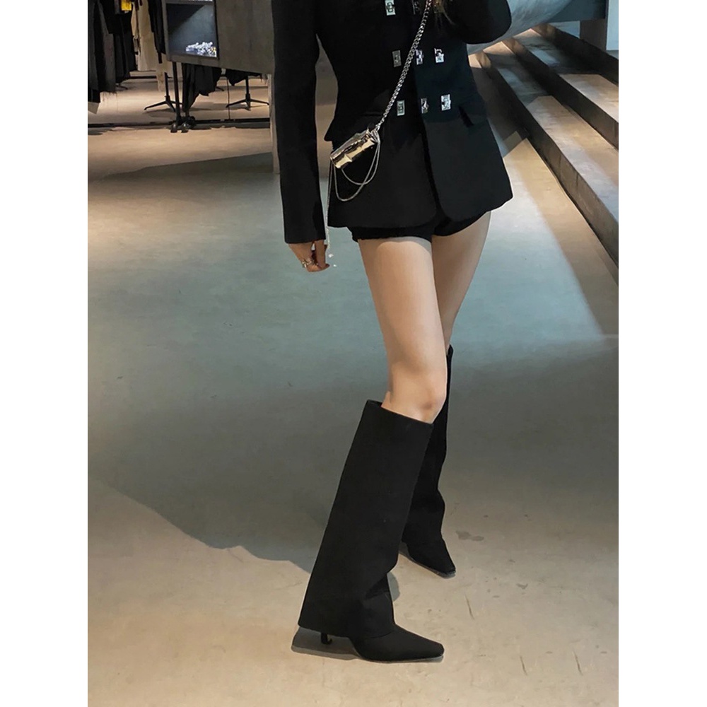 小众设计感欧美时尚高筒靴尖头细跟高跟不过膝骑士靴女秋冬气质