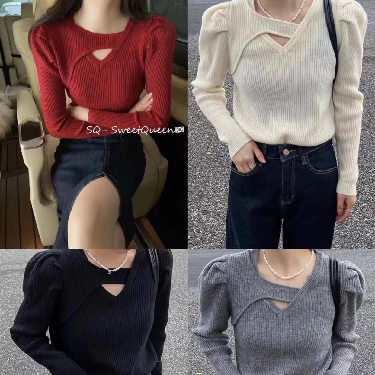 （现发）知冬•高级感泡泡袖镂空针织打底衫#766