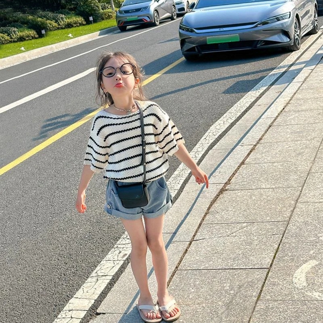 高品质洋气冰丝女童针织衫夏装儿童短袖2024新款洋气女孩条纹上衣