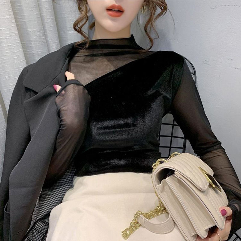 【溯源好物】半高领女薄款丝绒拼接修身长袖百搭上衣打底衫 M119